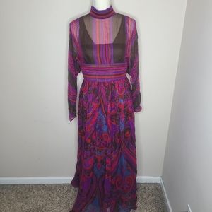 Vtg 60s Mollie‎ Parnis Boutique New York Silk Paisley Chiffon Pleated Maxi Dress